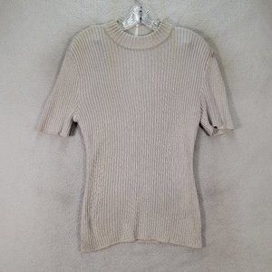 St. John Collection Marie Gray Beige Sparkle High Neck Ribbed Knit Blouse Top
